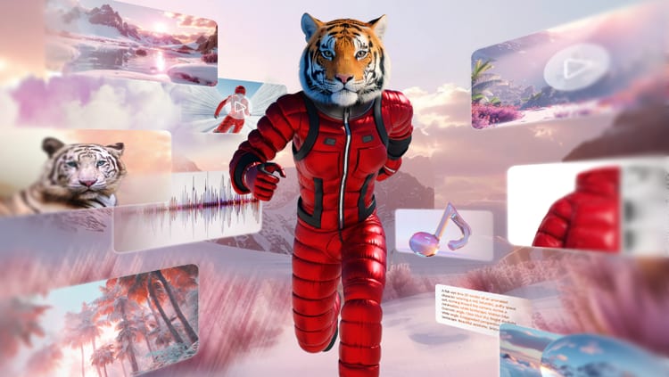 Image of tiger dressed in red outfit created using Adobe Firefly.