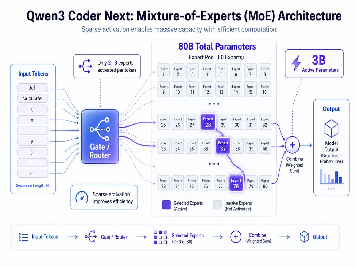 A technical diagram of a Mixture-of-Experts (MoE) architecture for Qwen3 Coder Next.